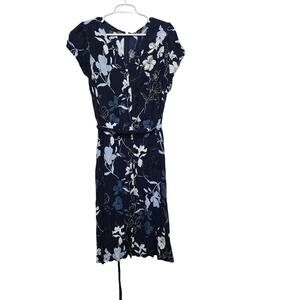 Talbots Floral Tie Waist Midi Dress 16W Navy Wedding Guest Plus Size